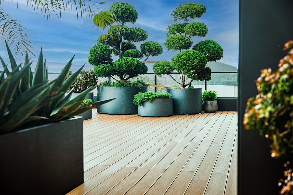 Azek Vintage deckboards in weathered teak colour were used on this 4th floor apartment deck